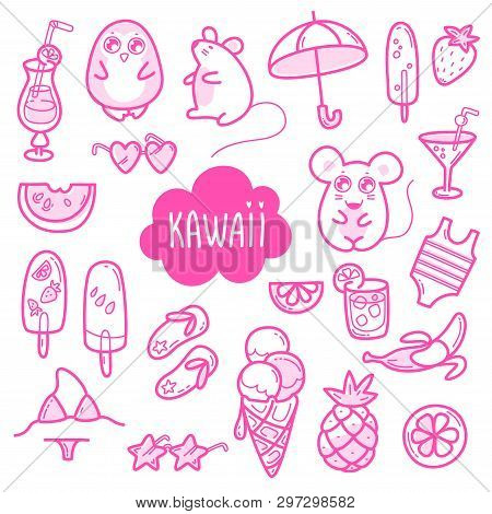 Kawaii Cute Collection Of Super Cute Animals Penguin, Mouse And Summer Sweet Fruits, Coctals And Ice