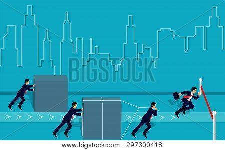 Businessman Compettion Push The Obstacle And Run Go To The Finish Line To Goal To Achieve Success On