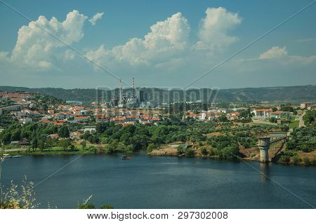 Wide Tejo River Along Wooden Hills With Pulp And Paper Industrial Plant On Horizon, Near Castelo Bra