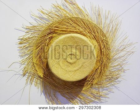 Close Up View From Above Of An Authentic Panama Hat Or Paja Toquilla Hat, Weaving From Straw, Cuenca