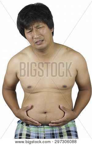 Fat Man Touching His Stomach, Fat Man With A Big Belly Isolated On White Background