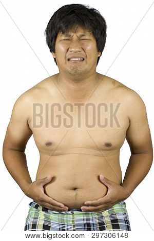 Fat Man Touching His Stomach, Fat Man With A Big Belly Isolated On White Background