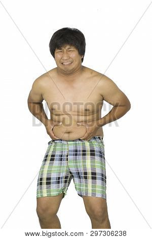 Fat Man Touching His Stomach, Fat Man With A Big Belly Isolated On White Background