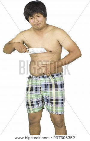 Fat Man Touching His Stomach, Fat Man With A Big Belly Isolated On White Background