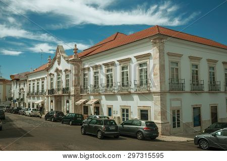 Estremoz, Portugal - July 06, 2018. Old building with marble details and baroque decor in a street of Estremoz. A nice little historic town with several buildings made of marble on eastern Portugal.