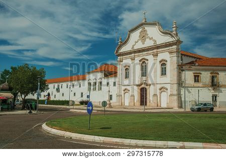 Estremoz, Portugal - July 06, 2018. Street roundabout with monument and building in baroque style at Estremoz. A nice little historic town with several buildings made of marble on eastern Portugal.