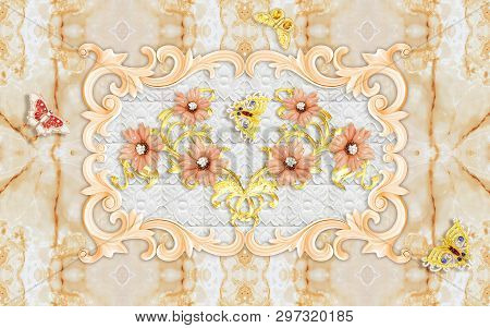 Abstraction - Flowers, Ornament, Butterflies, Marble, Gold