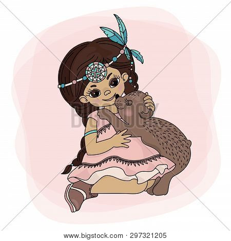 Pocahontas Love American Native Red Skinned Indian Princess Bear Vector Illustration Set For Print F