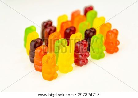 Gummy Bears. Fruity Colorful Jelly Candies On White Background. 25 Bears. Set Of 5 Rows Of 5 Bears