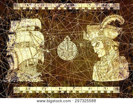 Nautical Poster Collage With Pirate Captain, Sailing Ship And Compass On Texture Background. Hand Dr