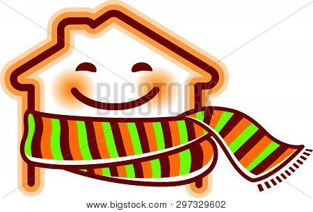 Happy Cartoon House Wrapped In A Striped Scarf. Save Warm Icon Logo Vector Template.