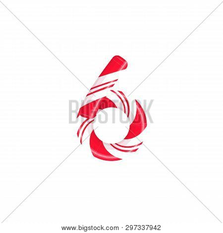 Cane Letter 6. Candy Font Elment. Sweet Candy, Lollipop Latin Letters. White Letter With Red Stripes
