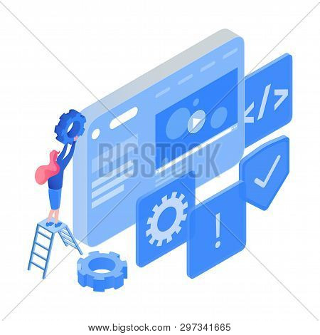 Coding, Software Optimization, Testing Isometric Illustration. App, Website Development, Seo, Web Su