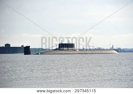 Saint Petersburg, Russia - July 30, 2017: A Nuclear Submarine At The Parade In Kronstadt In Honor Of