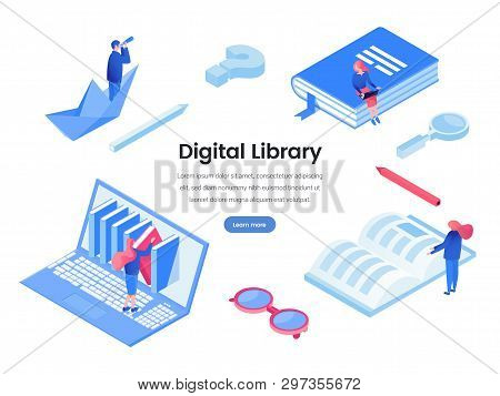 Digital Library Web Banner Vector Template. Online Books, E Learning, Internet Educational Programs 
