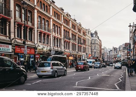 London, Uk - April 13, 2019: Traffic On Shaftesbury Avenue, A Major Street In The West End Of London