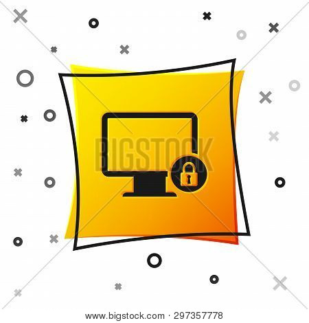 Black Lock On Computer Monitor Screen Icon Isolated On White Background. Monitor And Padlock. Securi