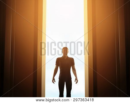 Man Standing In Front Of Mysterious Open Door About To Take A First Step Into The Unknown, 3d Render