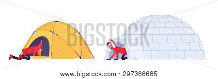 Winter Hiking Man In A Shelter. Male Tourist In Tent And Igloo, Wearing Bright Jacket With Attached 