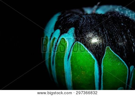 Green Ripe Apple With Water Droplets On A Dark Background, Closeup