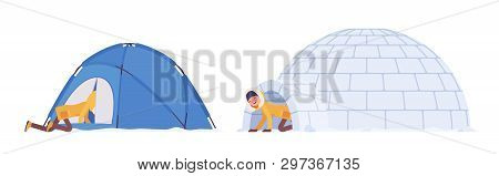 Winter Hiking Woman In A Shelter. Female Tourist In Tent And Igloo, Wearing Bright Jacket With Attac