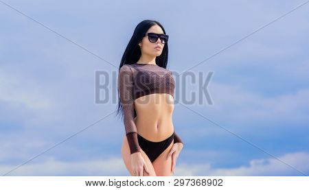 Impeccable Swimsuit. Flirty Beauty. Girl Attractive Sexy Body Posing Sky Background. Booty Woman Wea
