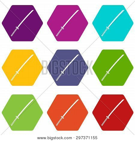 Japanese Katana Icon Set Many Color Hexahedron Isolated On White Illustration