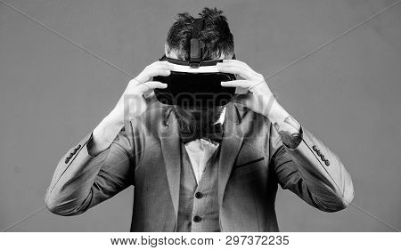 Modern Gadget. Innovation And Technological Advances. Businessman Explore Virtual Reality. Digital T