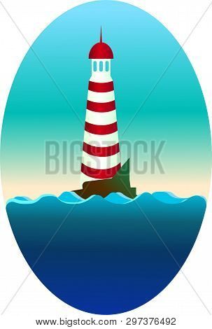Lonely Lighthouse Standing In The Morning On A Rock In The Sea