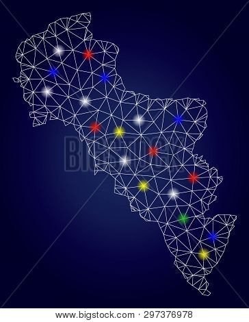 Bright Mesh Vector Andros Island Of Greece Map With Glowing Light Spots. Carcass Model For Patriotic