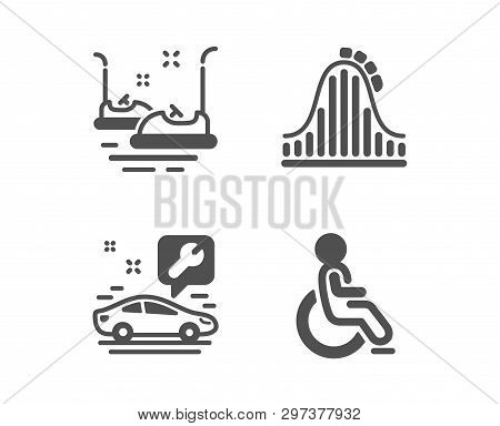 Set Of Bumper Cars, Car Service And Roller Coaster Icons. Disabled Sign. Carousels, Repair Service, 