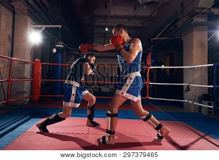 Two Professional Men Kickboxers Exercising Kickboxing In The Ring At The Health Club
