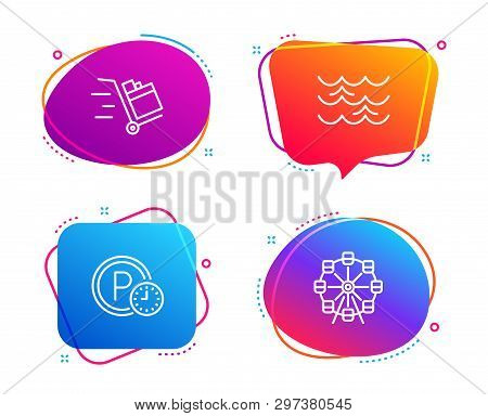 Push Cart, Waves And Parking Time Icons Simple Set. Ferris Wheel Sign. Express Delivery, Water Wave,