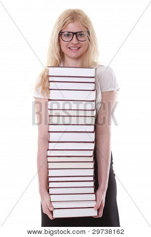 Beautiful Young Woman With Books White Background