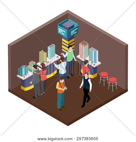 Exhibition Of Real Estate, Apartments Isometric Vector Concept. Building 3d Architecture Isometric, 