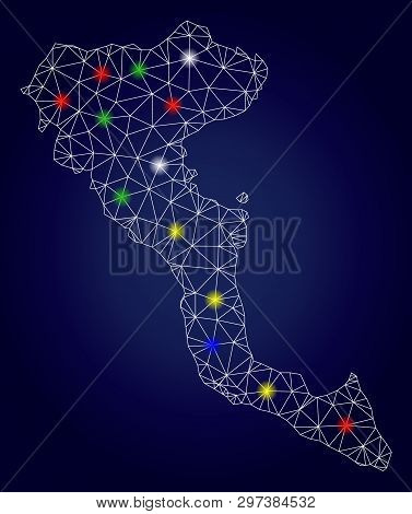 Bright Mesh Vector Corfu Island Map With Glowing Light Spots. Lowpoly Model For Patriotic Purposes. 