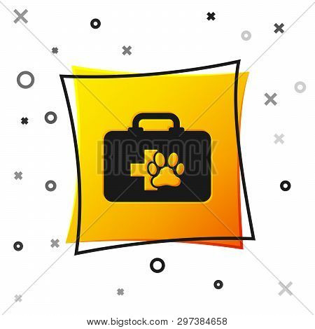 Black Pet First Aid Kit Icon Isolated On White Background. Dog Or Cat Paw Print. Clinic Box. Yellow 