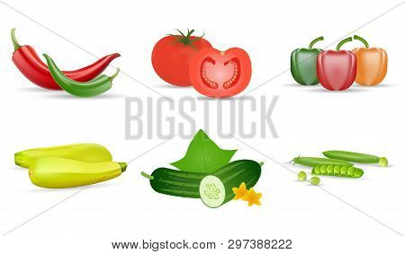 Realistic Vegetables. Tomato, Green Cucumbers, Peppers, Zukini And Pea Pod. Isolated 3d Vector Icon 