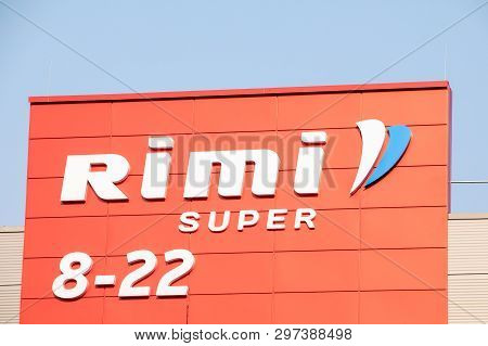 Riga, Latvia April 24, 2019 Rimi Hypermarket Logo. Rimi Is A Major Retail Operator In The Baltic Sta