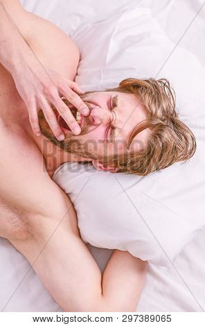 Man Handsome Guy Lay In Bed. Expert Tips On Sleeping Better. Get Adequate And Consistent Amount Of S
