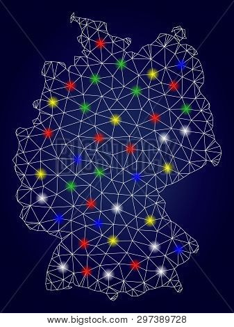 Bright Polygonal Vector Germany Map With Glare Light Spots. Mesh Model For Political Posters. Abstra