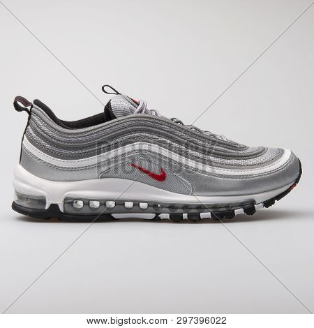 Vienna, Austria - August 7, 2017: Nike Air Max 97 Og Qs Metallic Silver Sneaker On White Background.