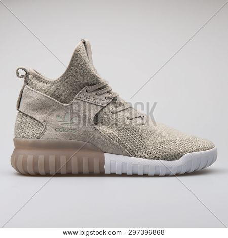 Vienna, Austria - August 7, 2017: Adidas Tubular X Pk Brown Sneaker On White Background.