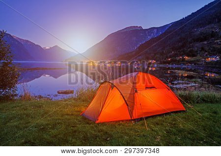 Norwegian Fjord Landscape With Camping Tent. Norway Adventure.