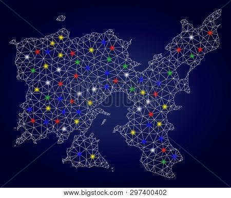 Bright Mesh Vector Limnos Greek Island Map With Glare Light Spots. Mesh Model For Political Template