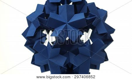 Sperical Modular Origami Object. Close Up Blue Origami Ball Isolated On White Background. Japanese A