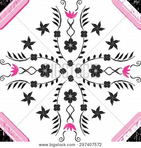 Hand Painted Ornamental Floral Cabochon Tile With Black And Pink Diamond Design In A Fully Editable 