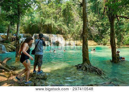 Luang Prabang. Laos. 04.20.2019. People Visit Kuangsi Waterfall