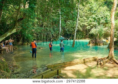 Luang Prabang. Laos. 04.20.2019. People Visit Kuangsi Waterfall.