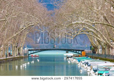 Famous Pedestrian Footbridge Bridge Of Loves Or Pont Des Amours Over Channel Of Vasse Near Lake Of A